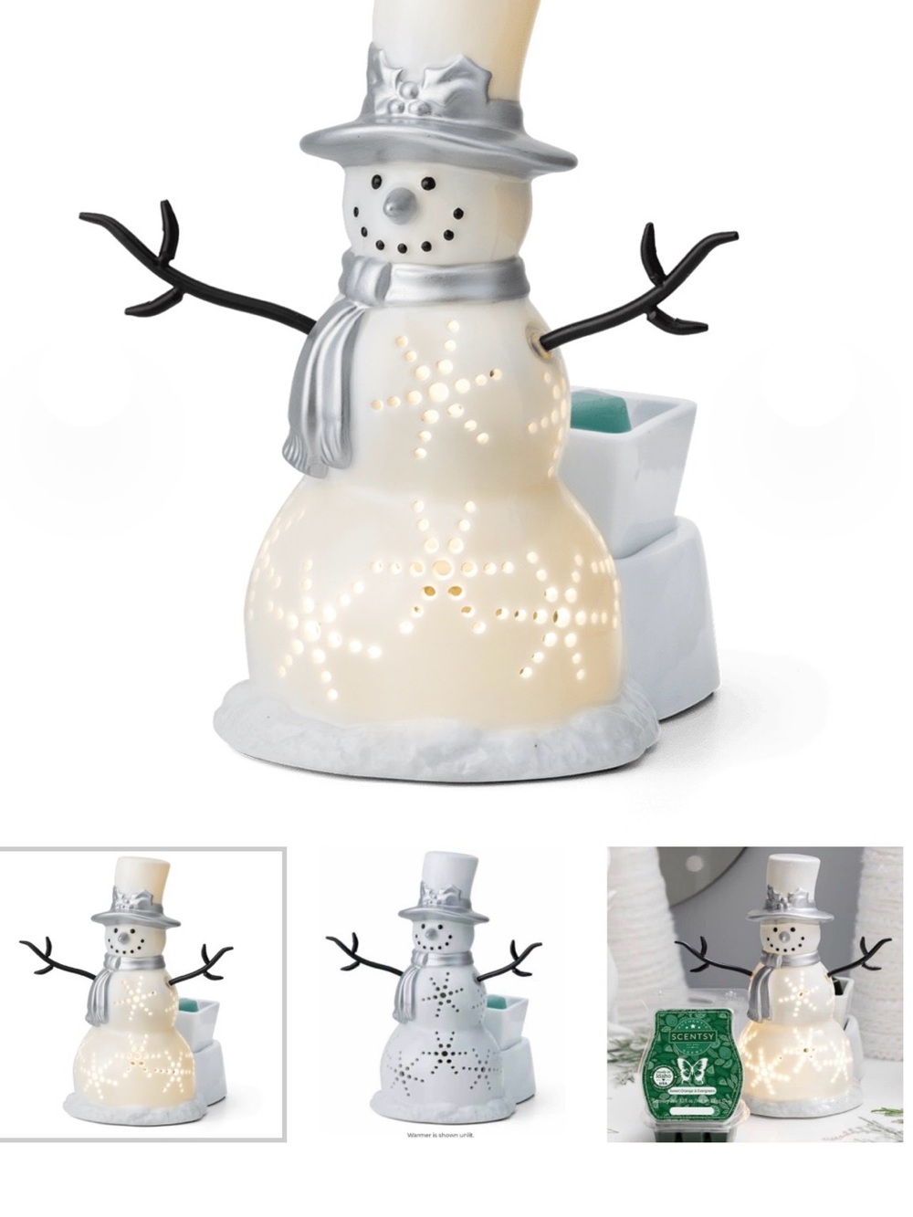 Scentsy White Snowman Wax Warmer with Silver Hat and Scarf